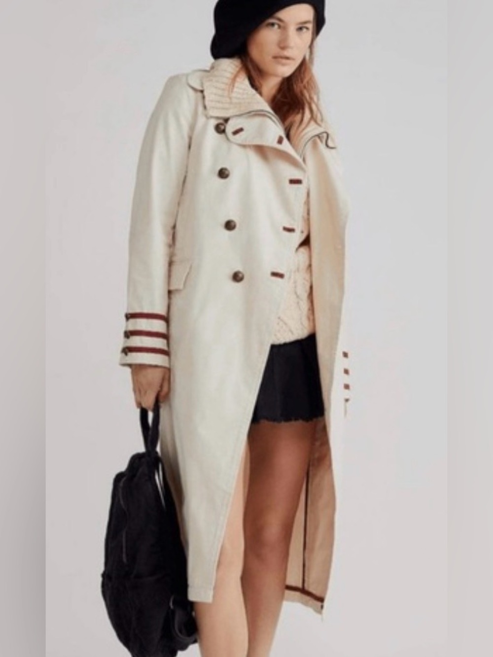 Free People Marlow Officer Cream Double-Breasted Trench Coat with Brown Trim